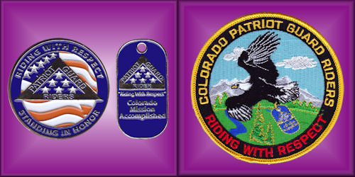Colorado Patriot Guard challange coin, mission pin and arm patch