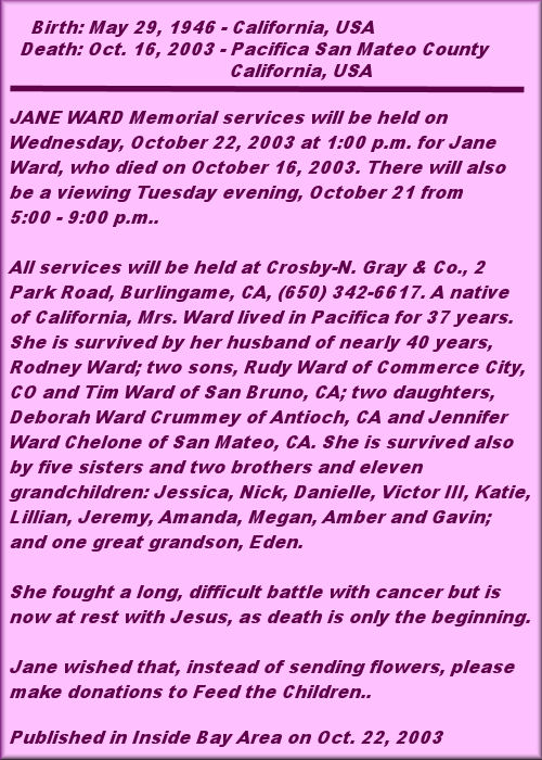 Jane Ann Ward Obituary